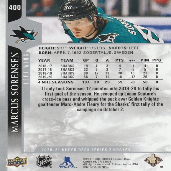 Marcus Sorensen - 2020/2021 Upper Deck Series 2 Hockey Card - Picture 2 of 2